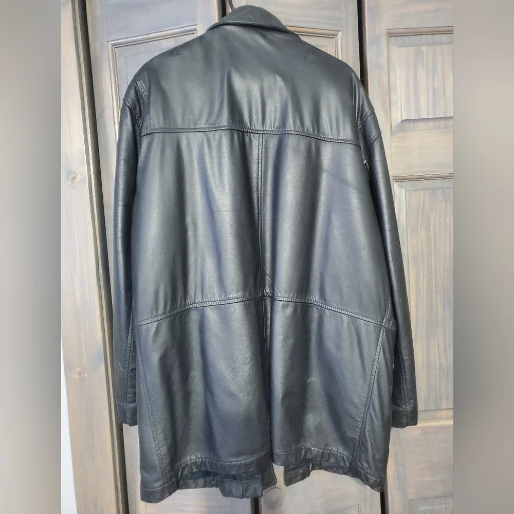 Black Leather Trench Coat with Quilted Plaid Interior